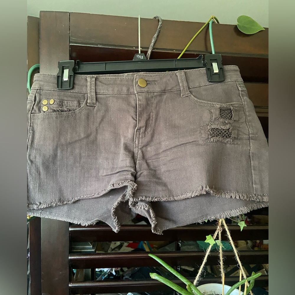 XXL Boutique distressed denim jean shorts with frayed hem & embellishments